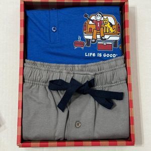 Life Is Good NWT Pajama Set Sz M Blue Grey Long Sleeve Henley And Knit Pants